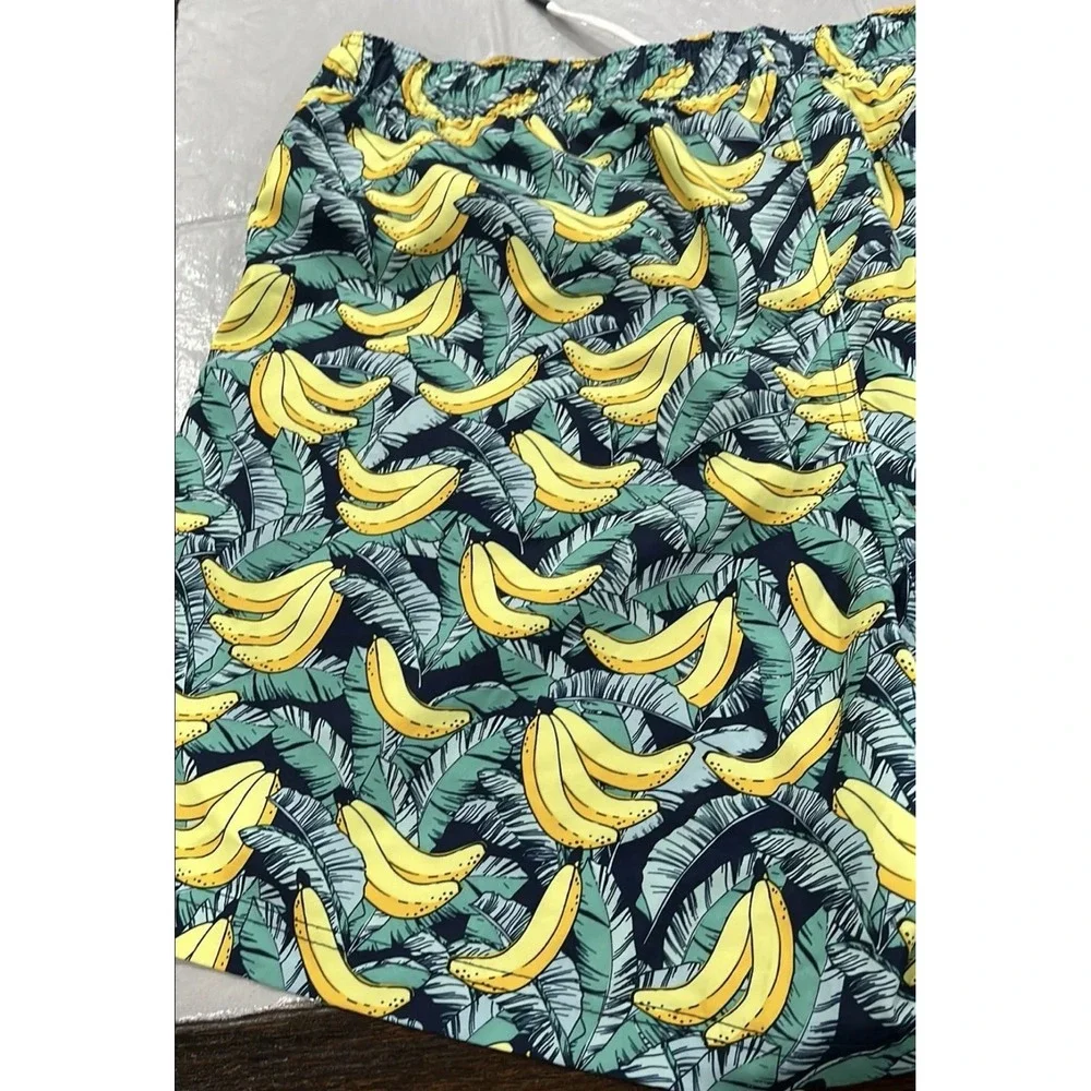 Resort Swim Trunks Mens XL Blue Banana Print  4-Way Stretch Quick Dry UPF 50